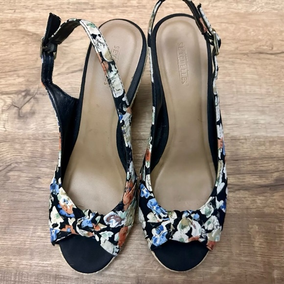 Seychelles Floral Front Knot Peep Toe Cork Wedges Size 9.5M - Picture 4 of 6